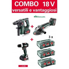 COMBO METABO 3 x 5,2 Ah 18V (TRAPANO / AVVITATORE + MARTELLO PERFORATORE COMBINATO + SMERIGLIATRICE)   
